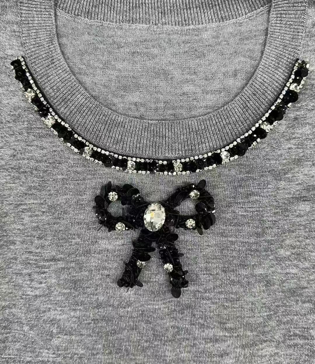 复古领口装饰套装（黑/银亮片蝴蝶结+饰带）/ Vintage Neckline Trim Set (Black/Silver Sequin Bow + Trim)
